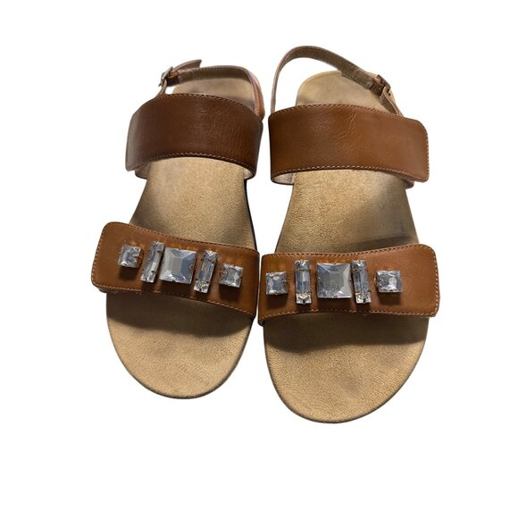Vionic Dupre Brown Leather Gem-Embellished Flat Sandals Size 8 Adjustable Straps - Picture 2 of 9